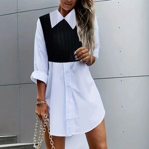 Color Black 2 In 1 Shirt Dress, Elegant Button Front Long Sleeve Dress